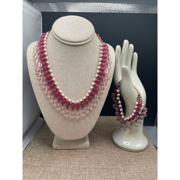 Coldwater Creek Fringe Necklace & Bracelet Set  Pink White Clear Acrylic Adjusta - Picture 1 of 8
